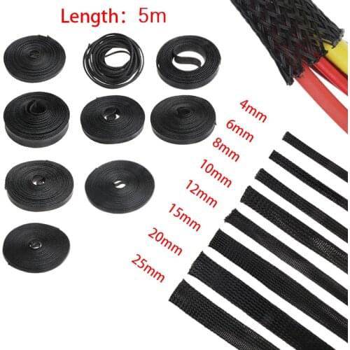 5M Black Insulation Braided Sleeving 4/6/8/10/12/15/20/25/30mm Tight PET Expandable Cable Sleeve Wire Gland Cables Protection