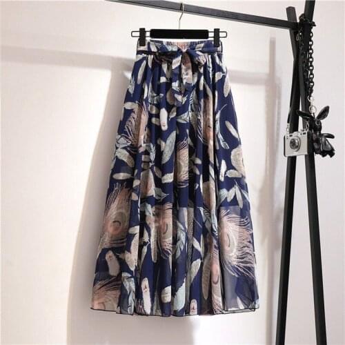 Long Skirts for Women 2021 New Spring Summer Lady Korean Style Print Chiffon High Waist Lace-up Floral Skirt Jupe Femme Y751