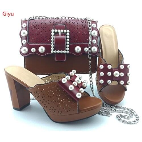 Doershow Women African Italian Shoes And Bag Sets For Evening Party With Stones wine Italian Leather Handbags Match Bags!HVC1-48