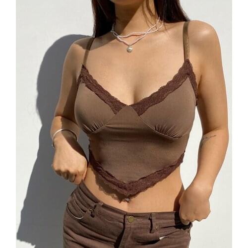 IAMSURE Brown Lace Trim Camis Sexy Deep V Neck Sleeveless Crop Top Casual Holiday Tank Tops Y2K Aesthetic Elegant Streetwear