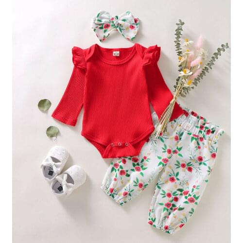 Toddler Girl Clothes Set Infant Baby Long Sleeve Romper Tops Red pit striped Top+Floral Pants+Hair Band 3 Piece Outfits Sets