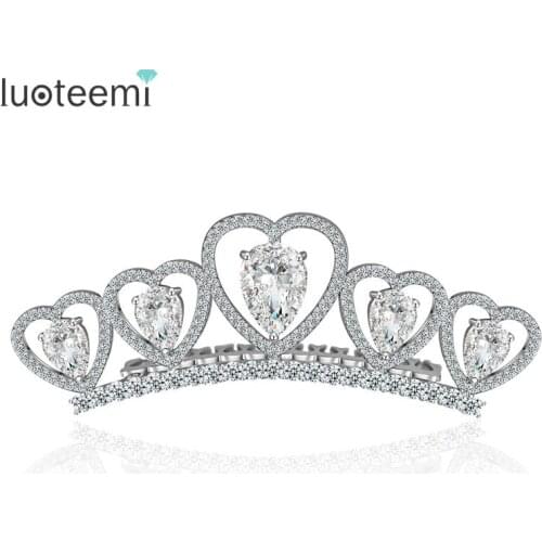 LUOTEEMI White Gold-Color Cubic Zirconia Luxury Bridal Heart Tiara For Wedding Promotion Crown Hair Accessories Fancy Jewelry