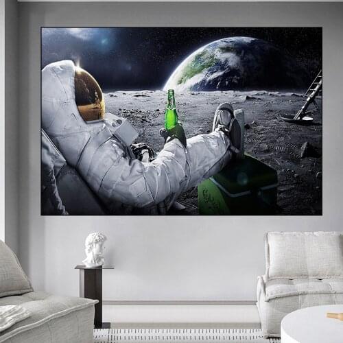 Space Astronaut Canvas Posters HD Astronaut Traveling In Space Leisure Drinking Humorous Fun Nordic Style Home Decor Painting