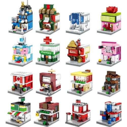 Mini Street View City Architecture Building Blocks Kit Bricks Pharmacy Flower Beauty Shop House Classic Model DIY Kids Toys Gift
