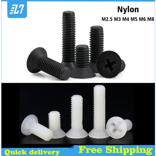 Nylon Flat Head Screw Thread Metric Phillips Cross Plastic Countersunk Machine Bolt Black White M2.5 M3 M4 M5 M6 M8