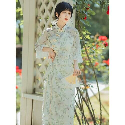 2021 Summer New Womens Retro Chinese Style Trumpet Sleeves Thin Temperament Mid-Length Dress Literary Print Chiffon Dress