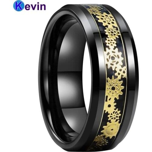Black Men Women Wedding Band Tungsten Ring With Gold Gearwheel And Carbon Fiber Inlay 8MM Comfort Fit