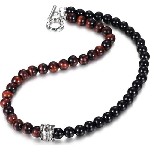Natural Stone Necklace for Men Women Mixed Black Matte Bead Red Tiger Eye Glass Bead Stainless Steel Charm Toggle Clasp TNB00104