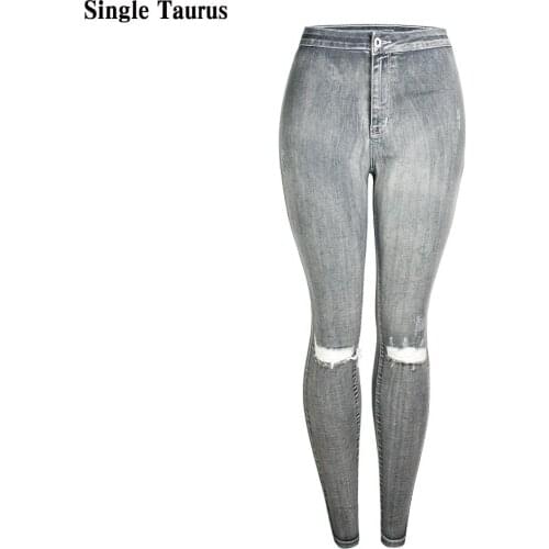 Simplicity Skinny Female Jeans High Waist Knee Hole Slim Gray Denim Pants Streetwear Casual Classic Grey Distressed Jeans 2020