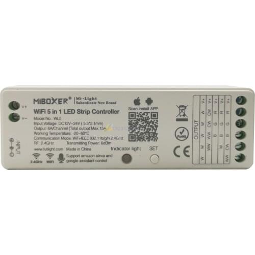 Miboxer WL5 5 IN 1 WiFi LED Controller 2.4G 15A Work with Google Alexa For Single color, CCT, RGB, RGBW, RGB+CCT Led Strip