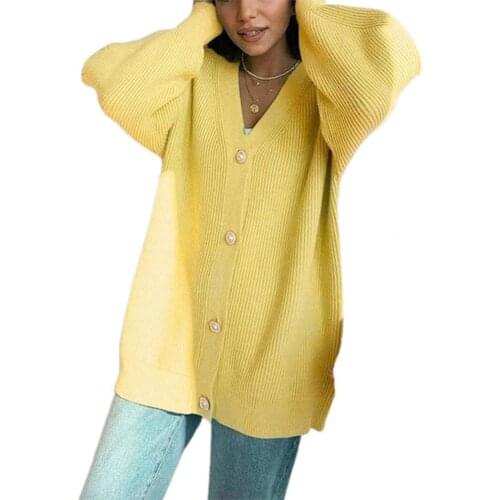 Loose Single-breasted Knitted Cardigan One Size Lantern Sleeve V Neck Knitted Coat for Going Out