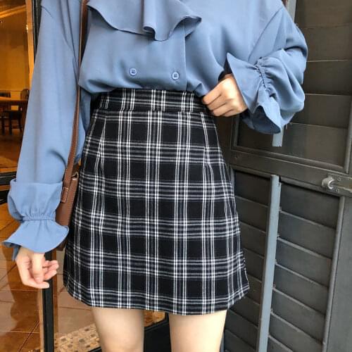 Spring Summer 2021 new checkered skirt a word skirt schoolgirl Korean version of the trouser skirt retro bag hip skirt skirt