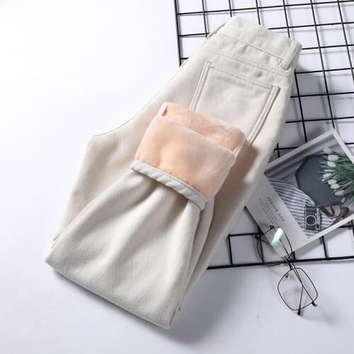 High Waist Harem Jeans Pants Women Winter Warm Fleeces Thick Loose Straight Denim Trousers Slim Bootcuts Casual Jean Female