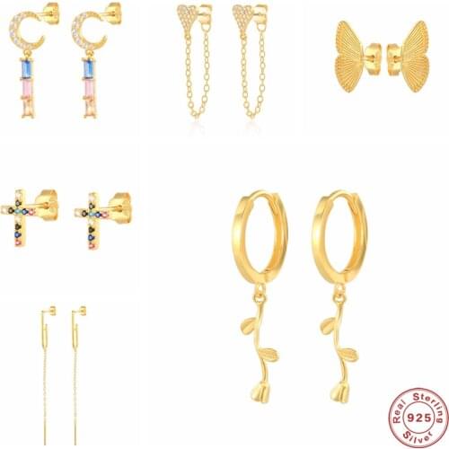 Aide 925 Sterling Silver Rose Branch Charm Stud Earrings For Women Colorful Zircon Heart Cross Butterfly Ear Studs Pendiente