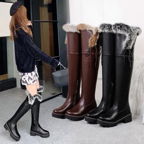 YMECHIC Thigh High Boots Fur Warm Back Cross-tied Over The Knee Botas Long Women Side Zipper Shoes Size 34-43 Autumn Winter 2021