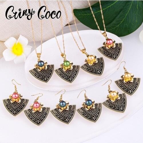 Cring Coco Fashion Plumeria Jewelry Sets Woman Hawaiian Colorful Pink Pearl Triangle Pendant Necklace Earring Set 2021 for Women
