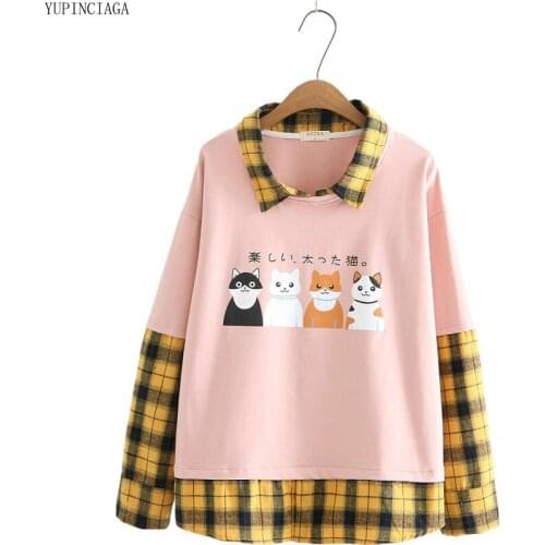 Women Sweatshirt Plaid Patchwork Cotton Tracksuit 2020 New students Long Sleeve Preppy Style Girl Casual Pullovers YUPINCIAGA