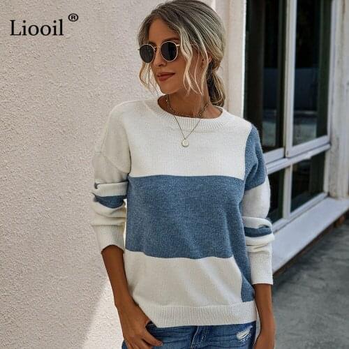 Liooil Color Block Casual Loose Knitted Sweater Women 2020 Long Sleeve O Neck Patchwork Women Fall Winter Clothes And Pullover