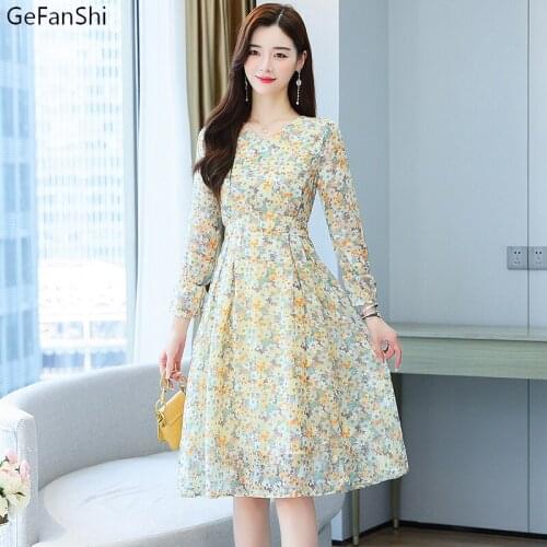 Women Autumn Winter Korean Vintage Flowers Print V-Neck Slim Long Sleeve Sweet Dress Fashion Casual Elegant Lady Lace Dresses