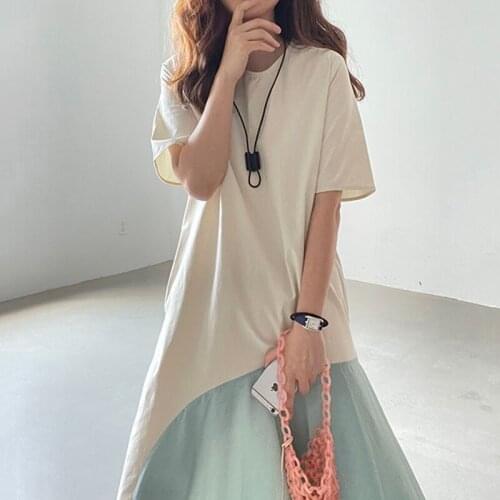 ZCSMLL Simple Versatile Round Neck Contrast Color Dresses Loose Over The Knee Long Large Swing Short-sleeved Dress Women