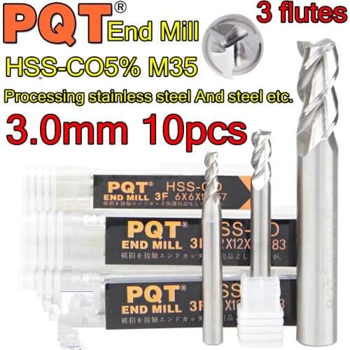 3.0*6*8*52mm 10pcs/set 6mm petiole 3 flutes Japan PQT HSS-CO5% M35 End Mill Processing stainless steel And steel etc