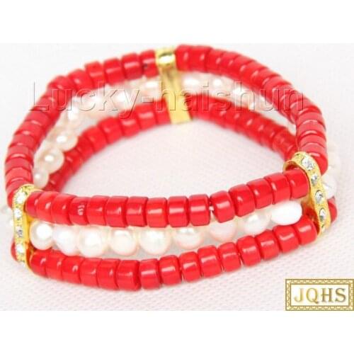 Resilience 19cm 3row white freshwater pearls red coral bracelet j10025
