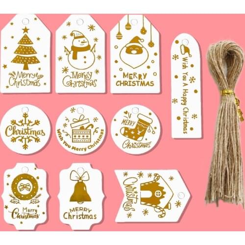 50Pcs Christmas Tag Gold Foil Paper Gift Tags Holiday Tags Label with Twine for DIY Xmas Present Happy New Year Party Decoration