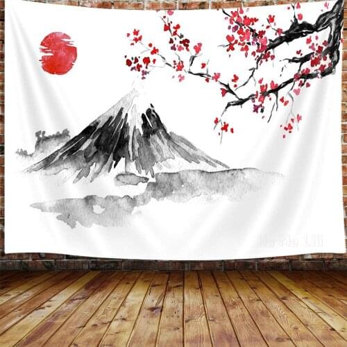 Asian Anime Mount Fuji Red Sun Tapestry Wall Hanging For Bedroom Japanese Art Cherry Blossom Decorations