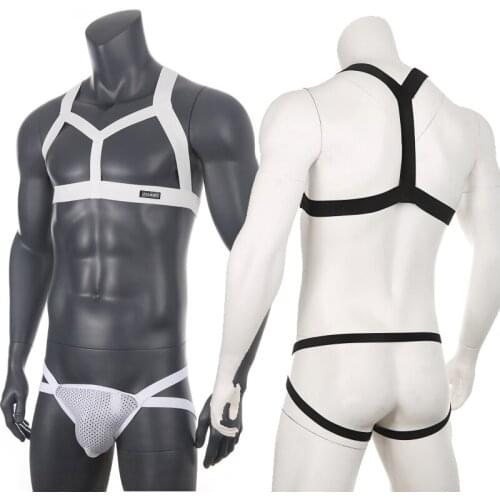 Men Body Chest Harness Thongs Set Elastic Shoulder Strap Lingerie Jockstrap Stage Clubwear G String Costume Sexy Bondage Tops