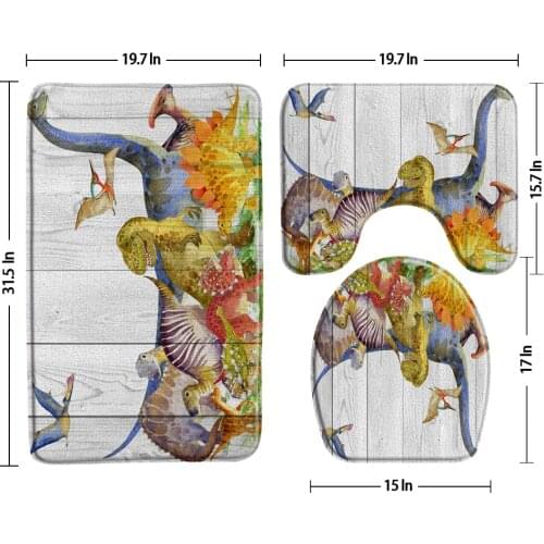 Dinosaur Oil Painting Bath Mat Cartoon Animals Bathroom 3-Piece Set Non-Slip Carpet U-Shaped Pad Toilet Water Absorption Rugs