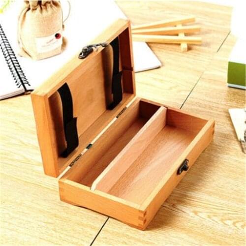 Square Wood Stationery Holders Pencil Case with Lock Simple Art Collection Box