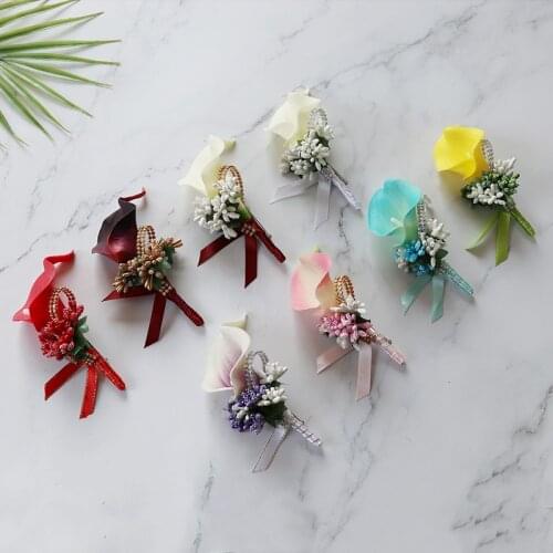 Multicolor Wedding Decor Hand Flower Calla Lily Rose Ribbon Wrist Flower Corsage Bride Decor Suit Brooch Bracelet Flowers