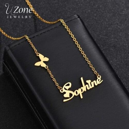 Uzone New Fashion Custom Stainless Steel Name Necklace With Butterfly Personalized Letter Gold Choker Necklace For Women Gift