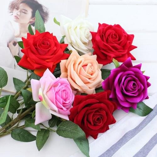 Wholesale Artificial Flowers Red 10cm Head Wedding Lint Roses Flowers with Leaves Wall Decorative