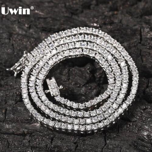 UWIN 2MM Round Cut Tennis Necklaces Iced Out Cubic Zirconia Link Chain Necklace Hip Hop Accessories Women Men Fashion Jewelry