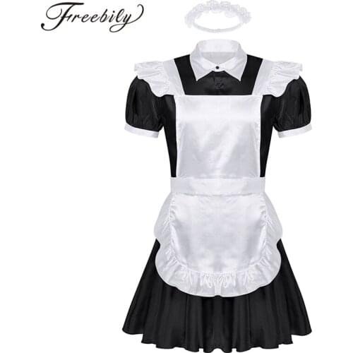 Mens Adults Sissy French Maid Dress Cosplay Sexy Costumes Turn-down Collar Puff Sleeve Button Down Dress with Apron Headband