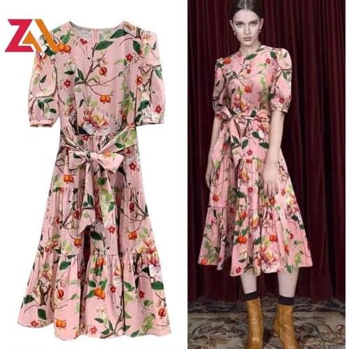 Celebrity Runway Pink Party Evening Midi Dresses For Women Elegant Floral Printed Short Sleeve classy casual chic dress vestidos