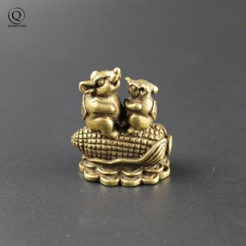 Pure Brass Mouse Love Corn Figurines Pendants for Keychain Copper 12 Zodiac Animal Rat Key Chain Ring Hangings Fashion Jewelry