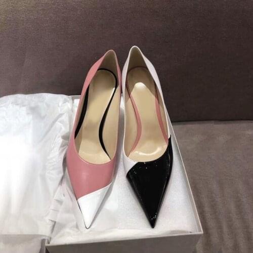 Mixed Leather High Heel Pumps Shallow Pointed Toe Patchwork Dress Shoes Slip-on Banquet Wedding Shoes Bride Pink Black White