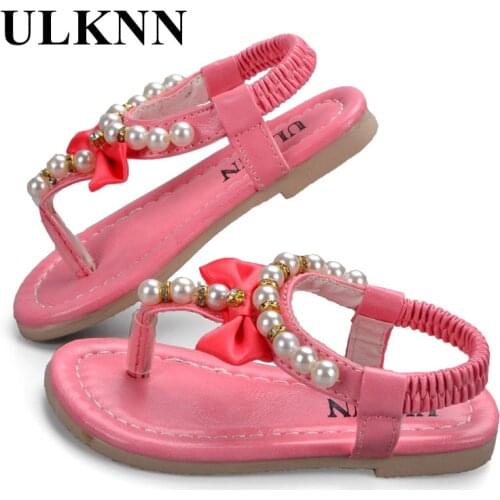 ULKNN Girls Sandals Kids Summer Sweet Gentle Flower Toe Cap Covering Shoes Kids Soft Bottom Non-slip Beaded Childrens Sandal PU