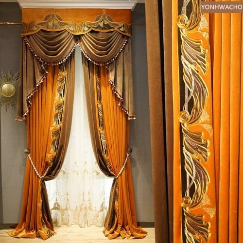 Custom curtain luxury flannel thick orange embroidered living room velvet cloth blackout curtain valance tulle panel C612