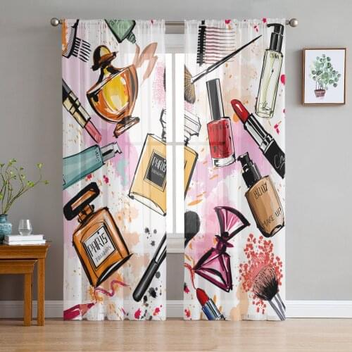 Female Cosmetics Perfume Lipstick Bow Comb Pink Sheer Curtains for Kids Girl Bedroom Living Room Window Valance Kitchen Decor