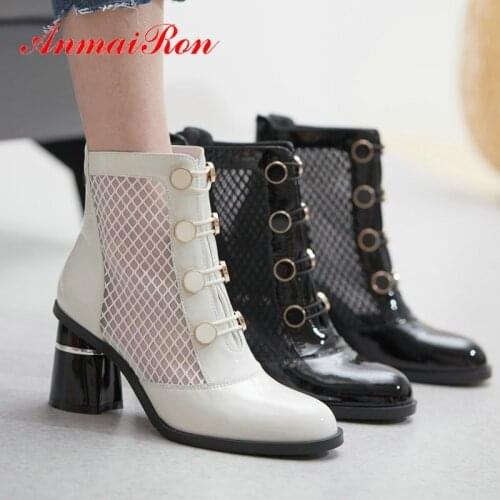 ANMAIRON 2020 Round Toe Women Shoes Square Heel Patent Leather Women Boots Spring/Autumn Basic Mesh (Air Mesh) Ankle Boots 34-42