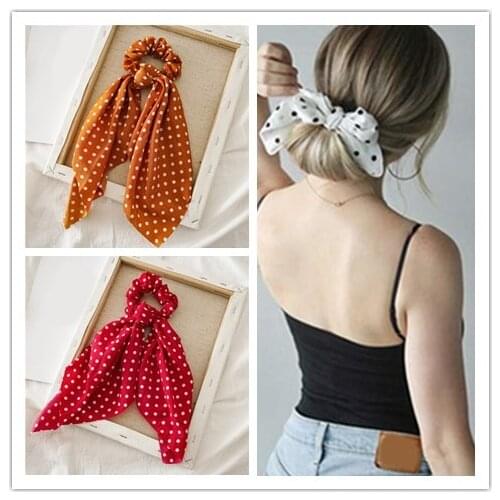 Women Ponytail Hair Ties Scarf Print Dot Elastic Hair Rope For Girl Bow Knot Hair Scrunchies Ribbon Bands Sweet Hair Accessories