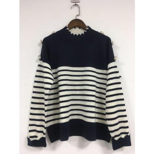 Women Fall Sweater Pullovers New Womens Wave Black and White Pearl Button Wool Elegant High Neck Casual Knit Striped Sweater