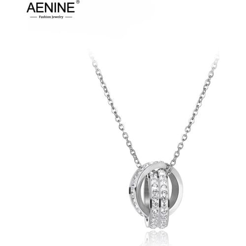 AENINE Trendy Double Circle Choker Necklaces For Women Pave Setting Rhinestone Stainless Steel Pendant Necklace Jewelry AN18038