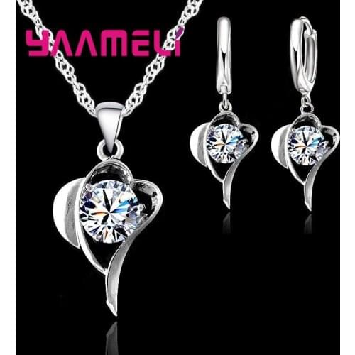 New Style Romantic Fashion Pure 925 Sterling Silver Cubic Zircon Heart Shaped Pendant Necklace Hoop Earrings Set