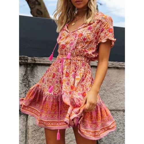 AYUALIN A-line loose summer dresses vestidos 2020 pink floral print short sleeve women dresses boho beach mini dress robe tunic