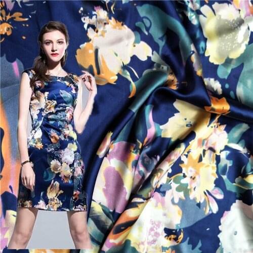 1 Meter Blue Bottom Printing 19 Momi Heavy Digital Stretch Silk Fabric High-end Summer Dress Cheongsam