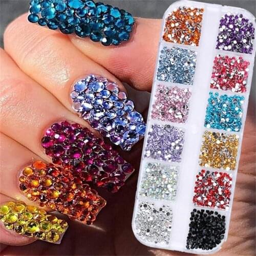 12Grids/Set Colorful Crystal 2mm 3mm Nail Art Rhinestones Acrylic Nail Stones Flat Back Shiny Tips 3D Nails Art Decorations Tool